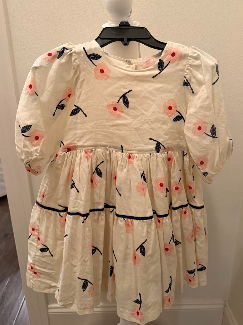 Pink Chicken Cream Dress with Pink Floral Print and Navy Leaves